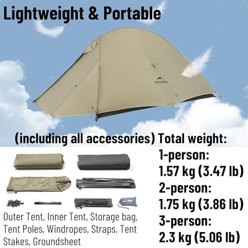 windhike Naturehike 2024 Cloud up Pro Tent, Upgrade Ultralight Tents,1.23kg/2.7lbs,Double 1 Person Tent,for Cycle Camping,Backpacking,Hiking,Self-Standing, Construction,Easy Set up (Khaki) - Image 5