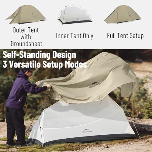 windhike Naturehike 2024 Cloud up Pro Tent, Upgrade Ultralight Tents,1.23kg/2.7lbs,Double 1 Person Tent,for Cycle Camping,Backpacking,Hiking,Self-Standing, Construction,Easy Set up (Khaki) - Image 3