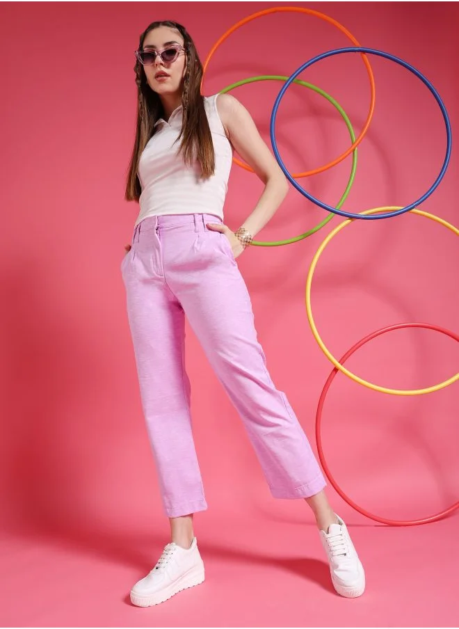 Freehand Women Straight Fit Solid Mid-Rise Pleated Trousers