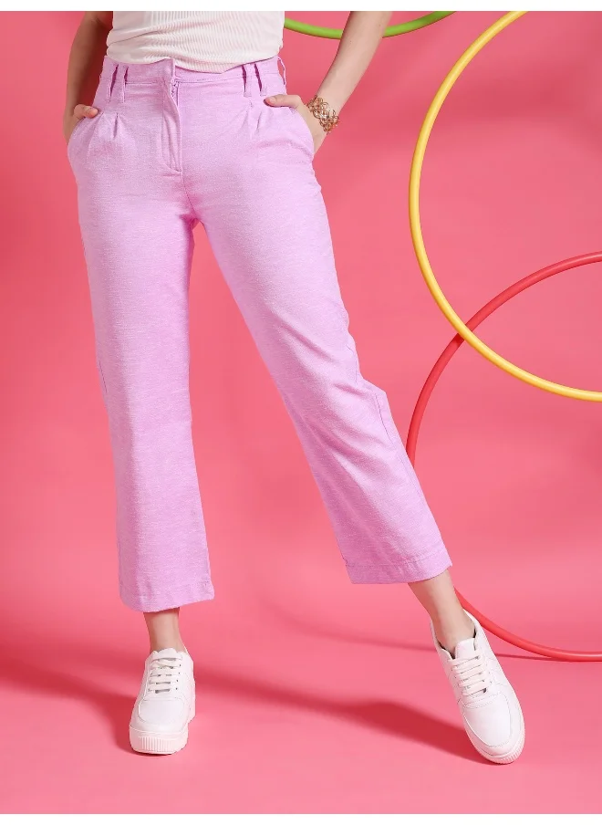 مرفوعة Purple Women Straight Fit Casual Solid Regular Pleated Trousers