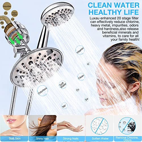 Luxau Dual Filtered Shower Head Showerhead 79" Hose Handheld Sprayer Combo, Filtration Rain Rainfall, 20 Stage Water Filter for Chlorine Well Hair Dry Skin, Metal Diverter, Chrome, (DSFC04, round, 8") - Image 3