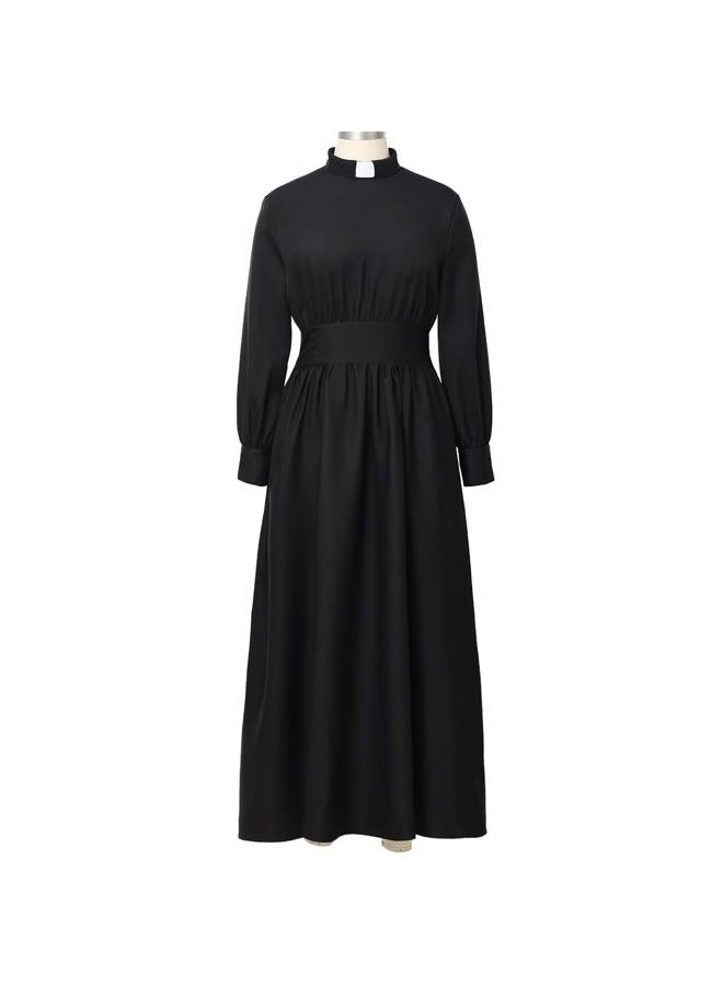CAMDOM Church Clergy Dress for Women Long Sleeve A Line Elegant Maxi Dress with Tab Insert Stand Collar and Belt Black - Image 4