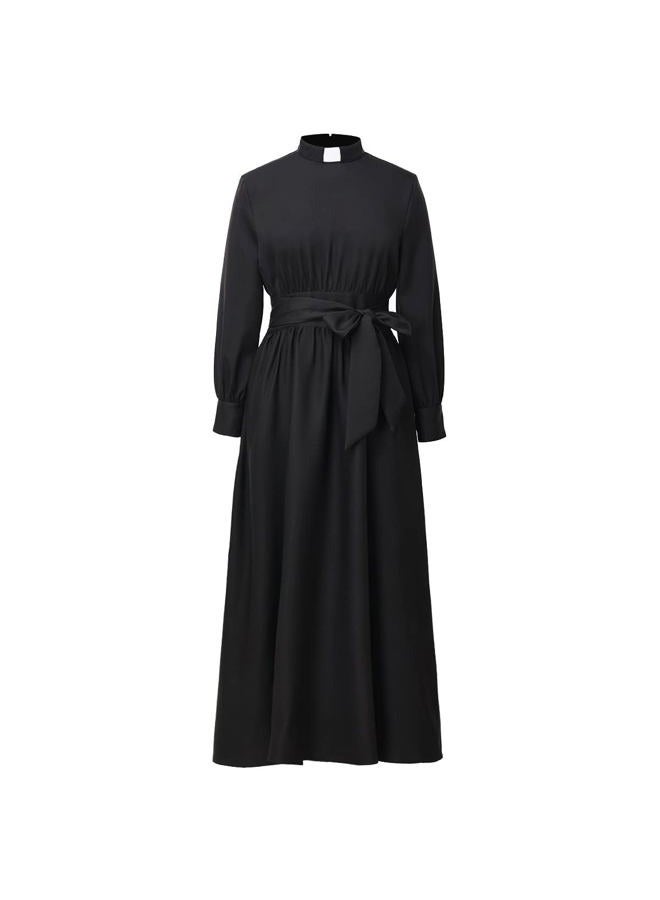 CAMDOM Church Clergy Dress for Women Long Sleeve A Line Elegant Maxi Dress with Tab Insert Stand Collar and Belt Black - Image 1