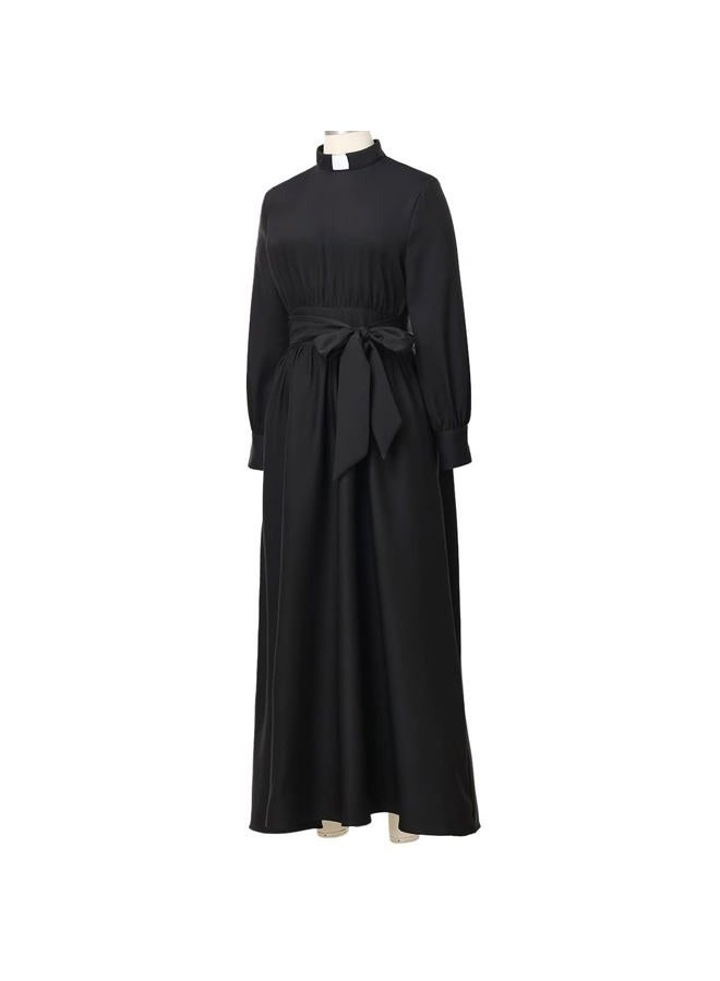 CAMDOM Church Clergy Dress for Women Long Sleeve A Line Elegant Maxi Dress with Tab Insert Stand Collar and Belt Black - Image 5