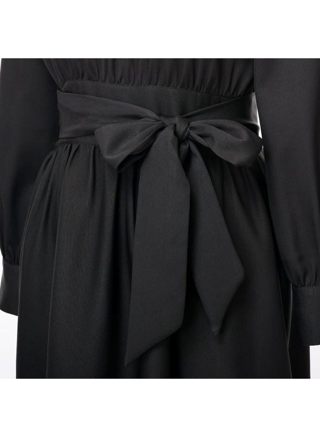 CAMDOM Church Clergy Dress for Women Long Sleeve A Line Elegant Maxi Dress with Tab Insert Stand Collar and Belt Black - Image 2