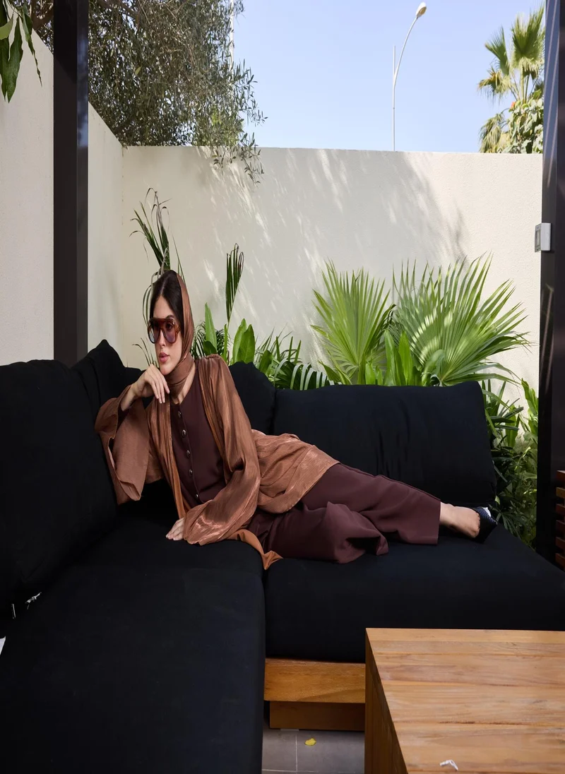 Ashita Fernandes Shimmery Brown Open Front Abaya with Sheila
