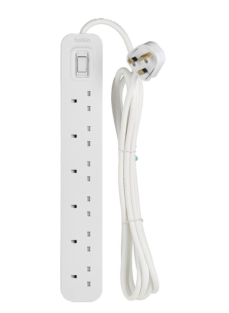 belkin Belkin 6 Way/6 Plug 3m Power Extension Strip with On/Off Switch for Televisions, Gaming Consoles, Home, Office and More - White  - Image 1