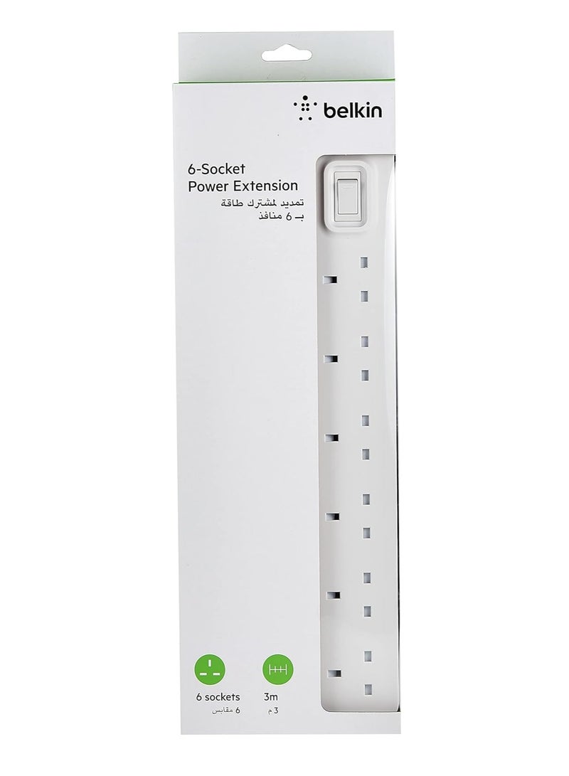 belkin Belkin 6 Way/6 Plug 3m Power Extension Strip with On/Off Switch for Televisions, Gaming Consoles, Home, Office and More - White  - Image 3