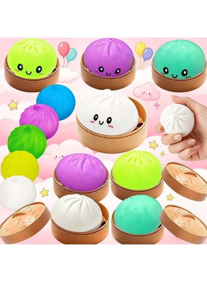4pcs Kids' Multi-Items Party Favors Pack of Colorful Dumpling Squishy Sensory Stress Balls, 5.0cm Soft Squeeze Slow Rising Dough Ball, Bun with Steamer Stretchy Desk Decor, Goodie Bag Fillers, Birthday Gifts Party Supplies, Random Colors Styles