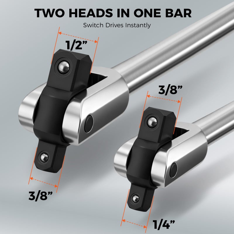 HORUSDY 10-Piece Dual-Drive Breaker Bar Set, Heavy-Duty Torque Kit with 360Â° Rotatable Head, Premium Cr-V Steel, Spring-loaded Detent Ball, Extension Bars & Socket Adapters, Durable Storage Case - Image 2