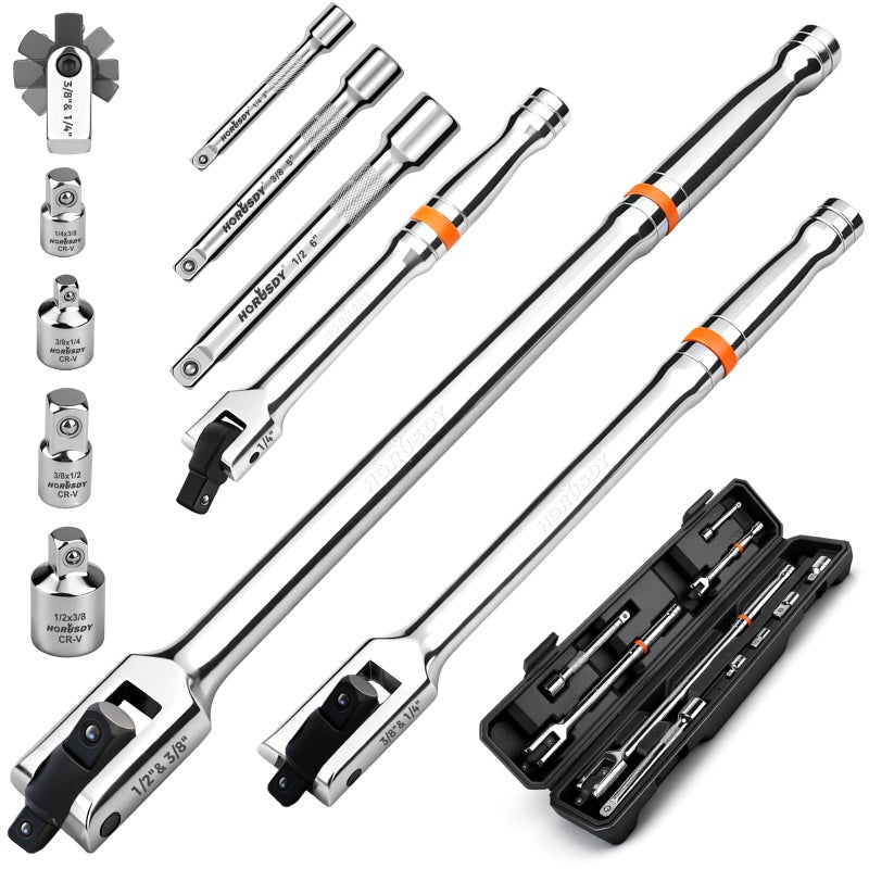 HORUSDY 10-Piece Dual-Drive Breaker Bar Set, Heavy-Duty Torque Kit with 360Â° Rotatable Head, Premium Cr-V Steel, Spring-loaded Detent Ball, Extension Bars & Socket Adapters, Durable Storage Case - Image 1