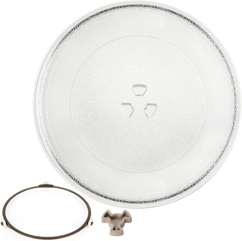 JMIATRY Microwave Turntable Glass Plate, 255mm Microwave Plate Replacement with 3 Fixers, Microwave Glass Plate with Turntable Ring and Support - Image 1