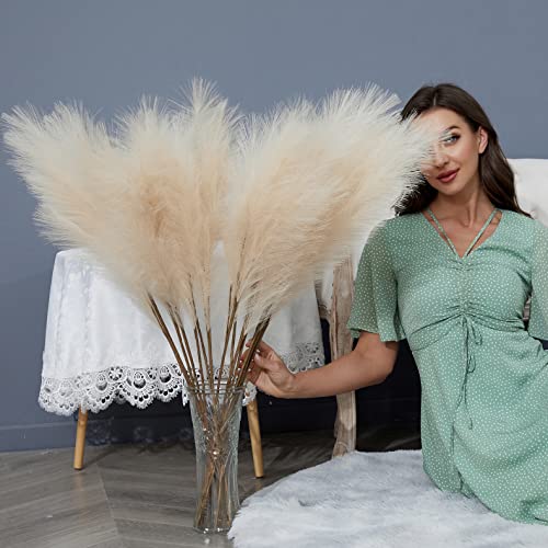 FOTEEWL 8 PCS Faux Pampas Grass Decor 38"/3.1FT Tall Fake Pompas Floral Large Artificial Pompous Grass Branches Plants for Floor Vase Filler Home Boho Decoration (Cream/Beige) - Image 4
