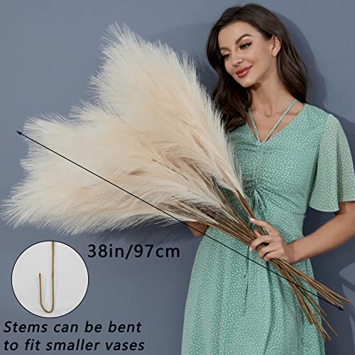 FOTEEWL 8 PCS Faux Pampas Grass Decor 38"/3.1FT Tall Fake Pompas Floral Large Artificial Pompous Grass Branches Plants for Floor Vase Filler Home Boho Decoration (Cream/Beige) - Image 2