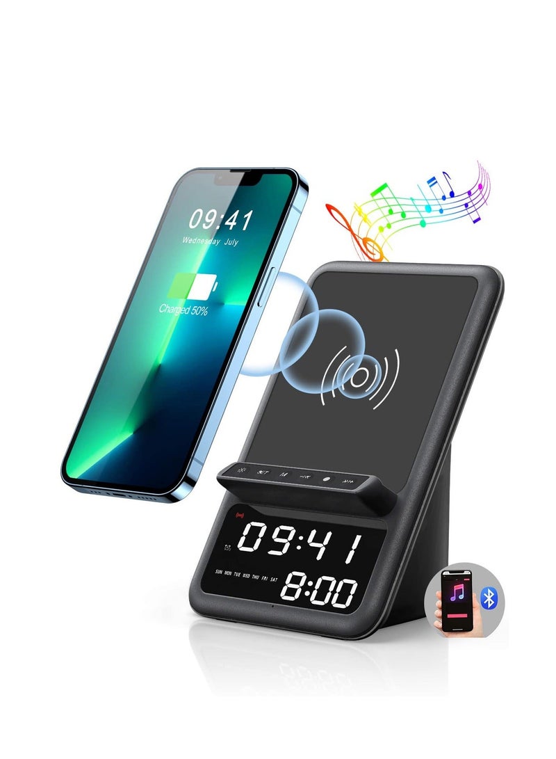 Captaintech Wireless Charging Station with Bluetooth Speaker and Alarm Clock, 4 in 1 Wireless Charger, Compatible for iPhone Series, for Samsung Series and More (Black) - Image 1