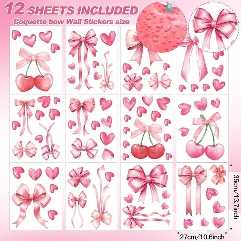 Yinder 12 Sheets Coquette Pink Bow Stickers Y2k Aesthetic Wall Stickers Preppy Pink Bow Heart Cherry Wall Decals Peel and Stick for Bedroom Dresser Playroom Windows Decals Background Decor Home Party - Image 3