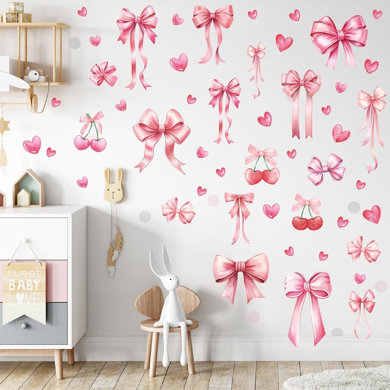 Yinder 12 Sheets Coquette Pink Bow Stickers Y2k Aesthetic Wall Stickers Preppy Pink Bow Heart Cherry Wall Decals Peel and Stick for Bedroom Dresser Playroom Windows Decals Background Decor Home Party - Image 1