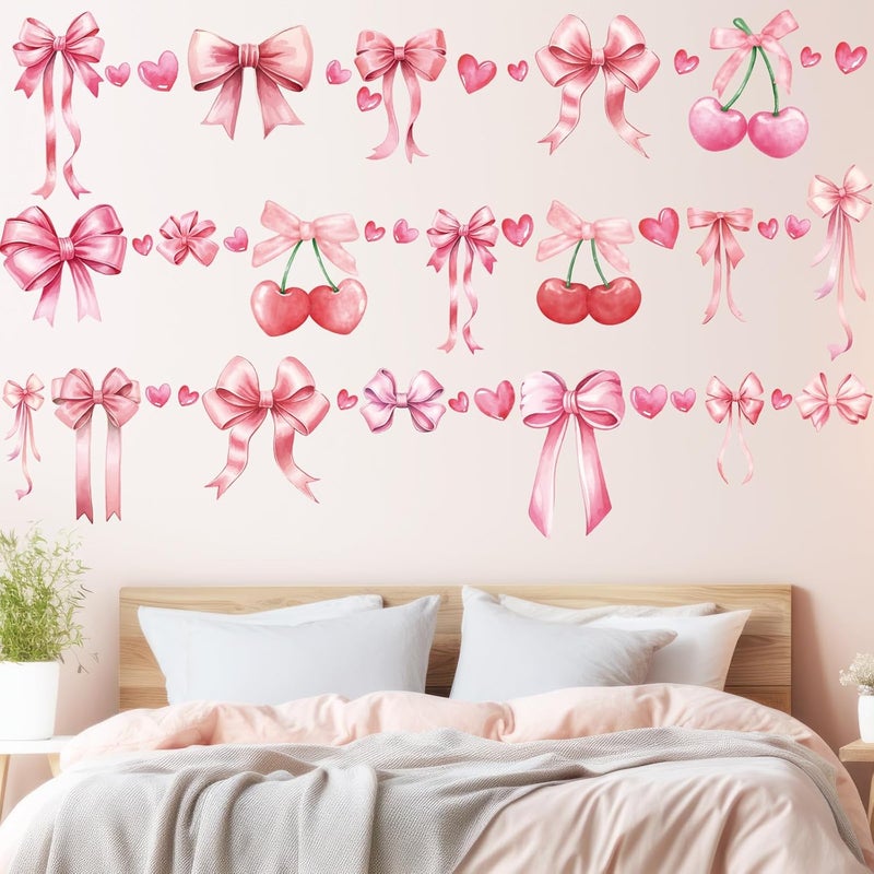 Yinder 12 Sheets Coquette Pink Bow Stickers Y2k Aesthetic Wall Stickers Preppy Pink Bow Heart Cherry Wall Decals Peel and Stick for Bedroom Dresser Playroom Windows Decals Background Decor Home Party - Image 4