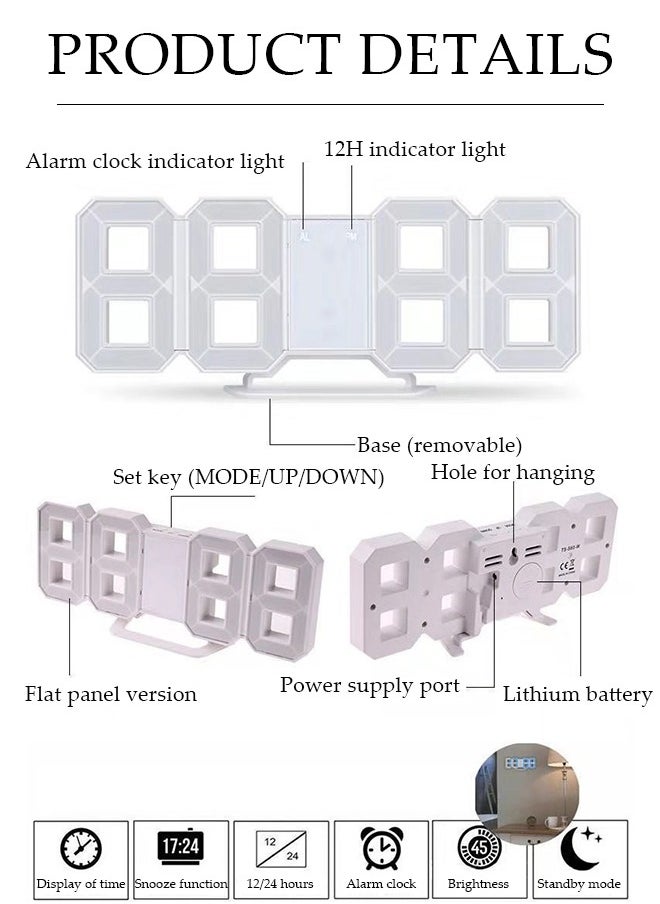 3D Digital Alarm Clock for Bedrooms, LED Display Digital Wall Clock with 12/24 Hour Date Temperature Display Dimmable Time Memory, Creative Digital Clock for Bedroom Kitchen Office