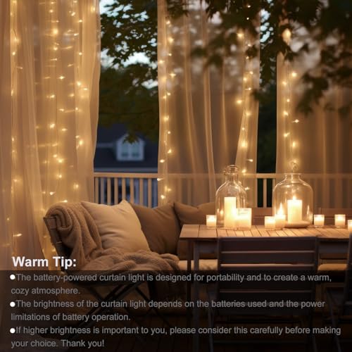 echosari 300 LED Curtain Lights Battery Operated, 9.8ft×9.8ft Hanging Light with Remote Timer Fairy Curtain Lights for Bedroom Patio Wedding Backdrop Party Decór (Warm White) - Image 4