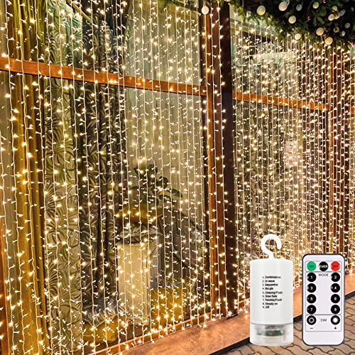 echosari 300 LED Curtain Lights Battery Operated, 9.8ft×9.8ft Hanging Light with Remote Timer Fairy Curtain Lights for Bedroom Patio Wedding Backdrop Party Decór (Warm White) - Image 1