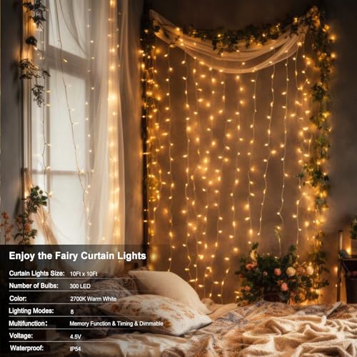 echosari 300 LED Curtain Lights Battery Operated, 9.8ft×9.8ft Hanging Light with Remote Timer Fairy Curtain Lights for Bedroom Patio Wedding Backdrop Party Decór (Warm White) - Image 2
