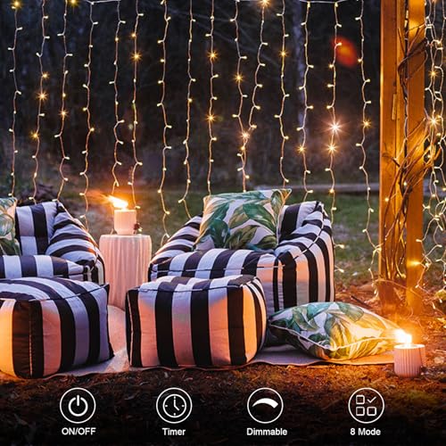 echosari 300 LED Curtain Lights Battery Operated, 9.8ft×9.8ft Hanging Light with Remote Timer Fairy Curtain Lights for Bedroom Patio Wedding Backdrop Party Decór (Warm White) - Image 3