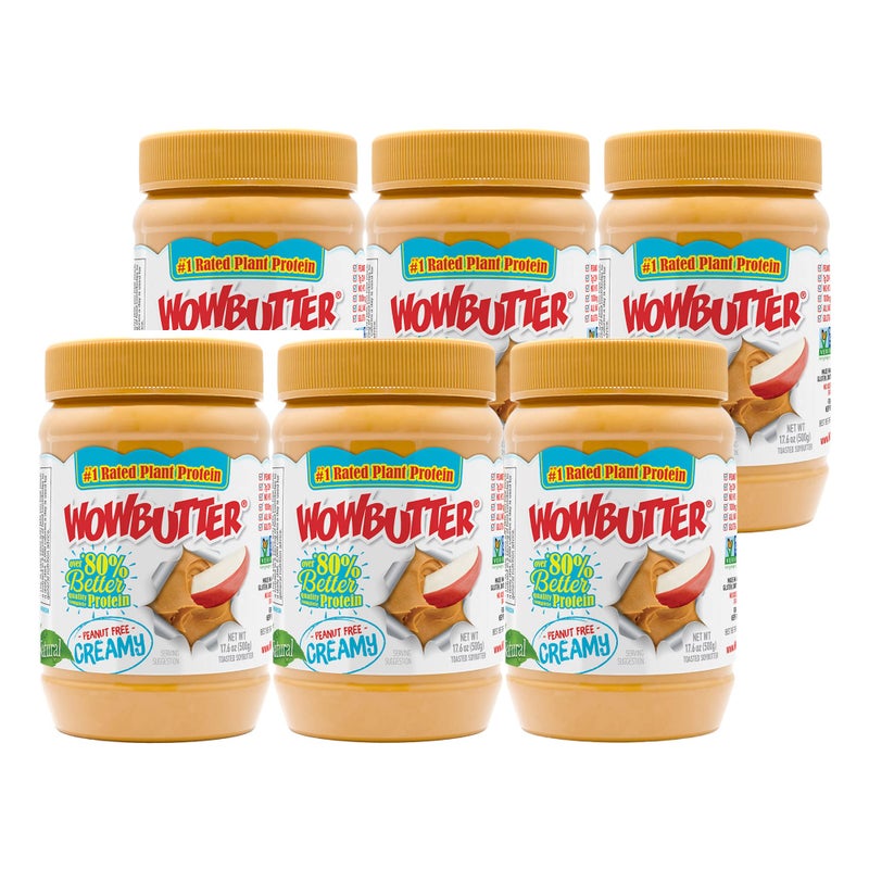 WOWBUTTER زبدة طبيعية خالية من الفول السوداني والمكسرات - WOWBUTTER - غذاء نباتي بروتين نباتي حائز على جوائز مصنوع من فول الصويا المعتمد غير المعدل وراثيًا - (كريمي، 1.1 رطل (عبوة من 6)) - Image 1