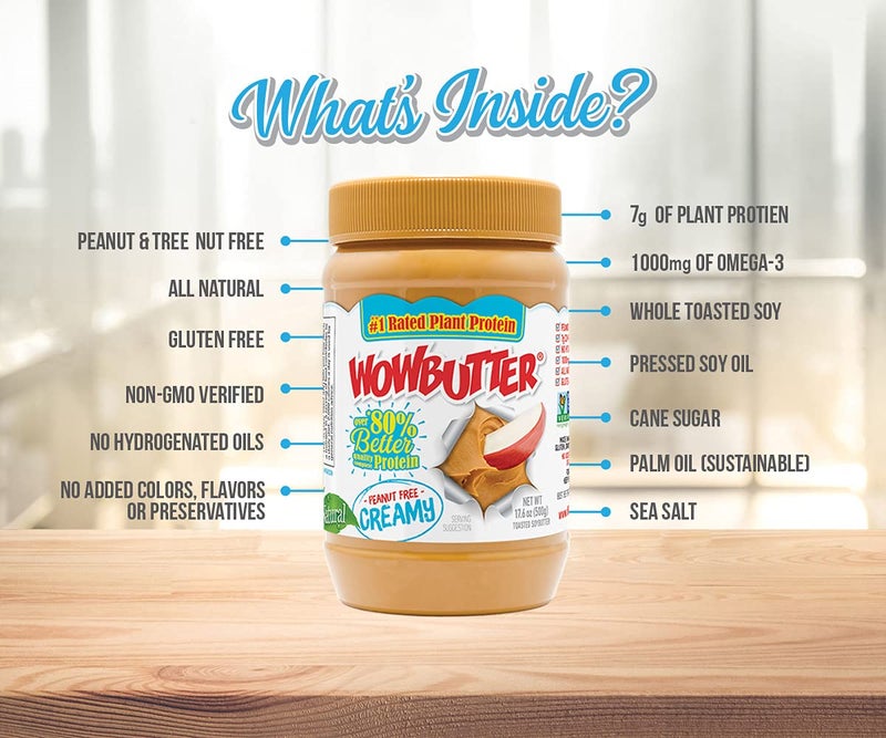 WOWBUTTER زبدة طبيعية خالية من الفول السوداني والمكسرات - WOWBUTTER - غذاء نباتي بروتين نباتي حائز على جوائز مصنوع من فول الصويا المعتمد غير المعدل وراثيًا - (كريمي، 1.1 رطل (عبوة من 6)) - Image 3