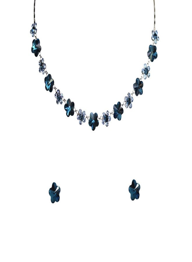 Faship Gorgeous Navy Blue Premium Rhinestone Rhinestone Crystal Floral Necklace Earrings Set - Navy Blue - Image 1