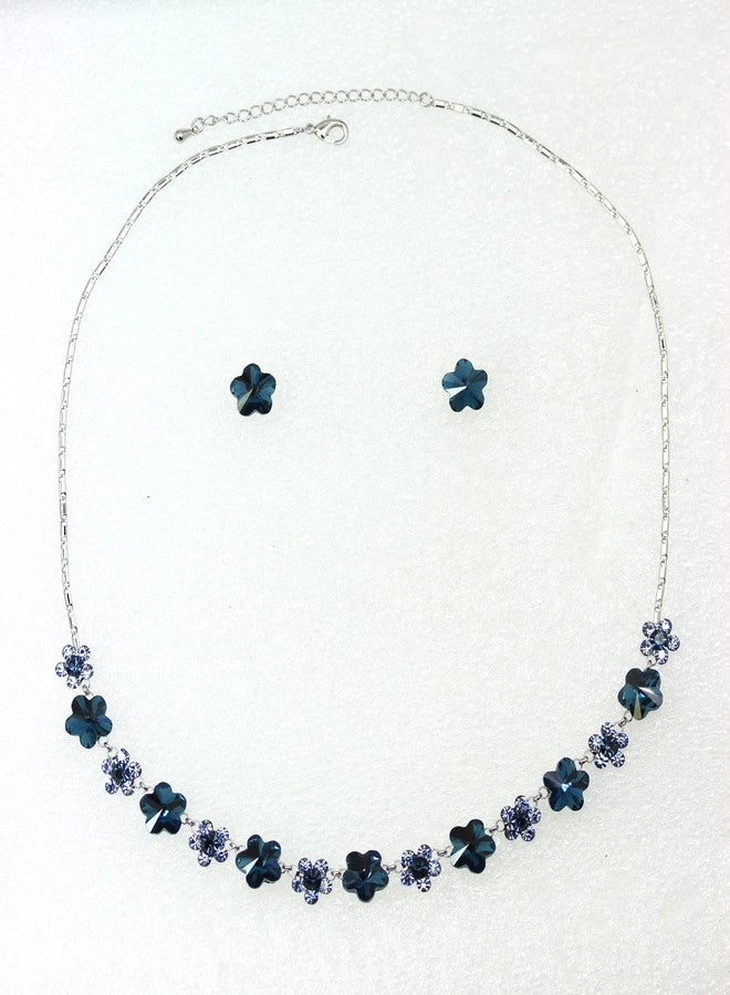 Faship Gorgeous Navy Blue Premium Rhinestone Rhinestone Crystal Floral Necklace Earrings Set - Navy Blue - Image 2