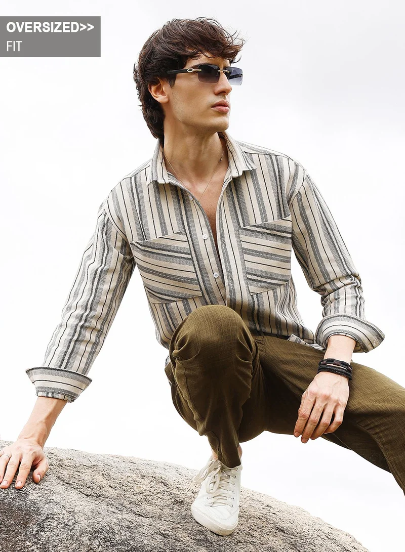 Campus Sutra Campus Sutra Men's Beige & Grey Multitrack Striped Oversized Shirt For Casual Wear | Spread Collar | Long Sleeve | Button Closure | Oversized Shirt Crafted With Comfort Fit For Everyday Wear
