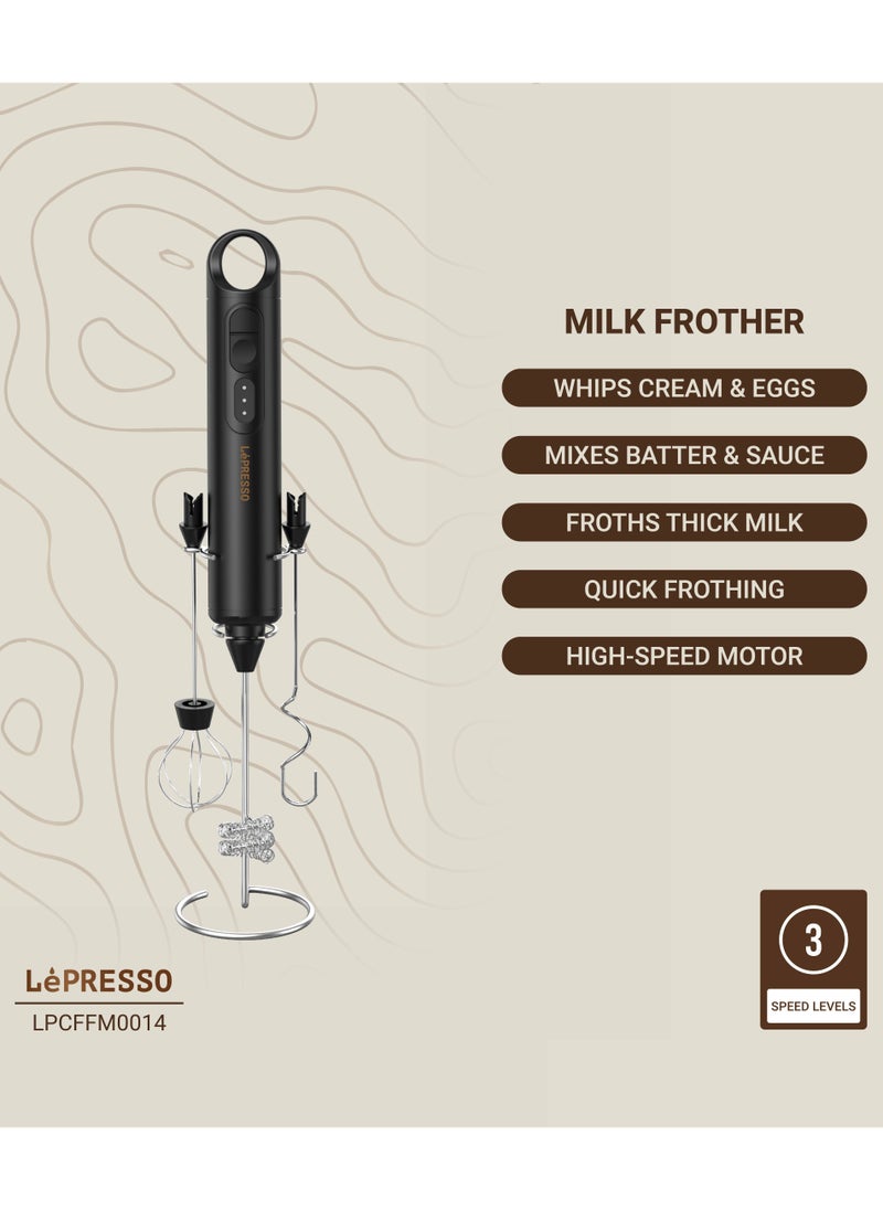 LePRESSO 3IN1 Milk Frother with Interchangeable Whisks / Mixes Batter & Sauce / Whips Cream & Eggs / 3 Speed Levels / Quick Frothing - Black  - Image 4