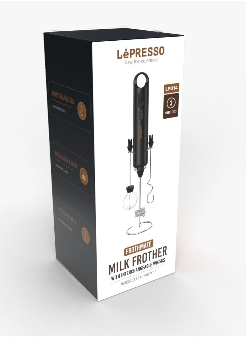 LePRESSO - 3IN1 Milk Frother with Interchangeable Whisks / Mixes Batter & Sauce / Whips Cream & Eggs / 3 Speed Levels / Quick Frothing - Black - Image 1