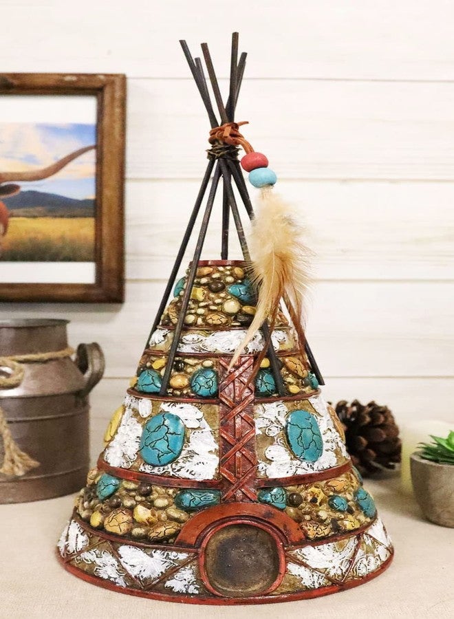 Ebros Gift Ebros 13.5" Tall Southwestern Rustic Indian Teepee Hut with Dreamcatcher Feathers Beads and Turquoise Rocks Figurine Wildlife Western Decor Sculpture - Image 2
