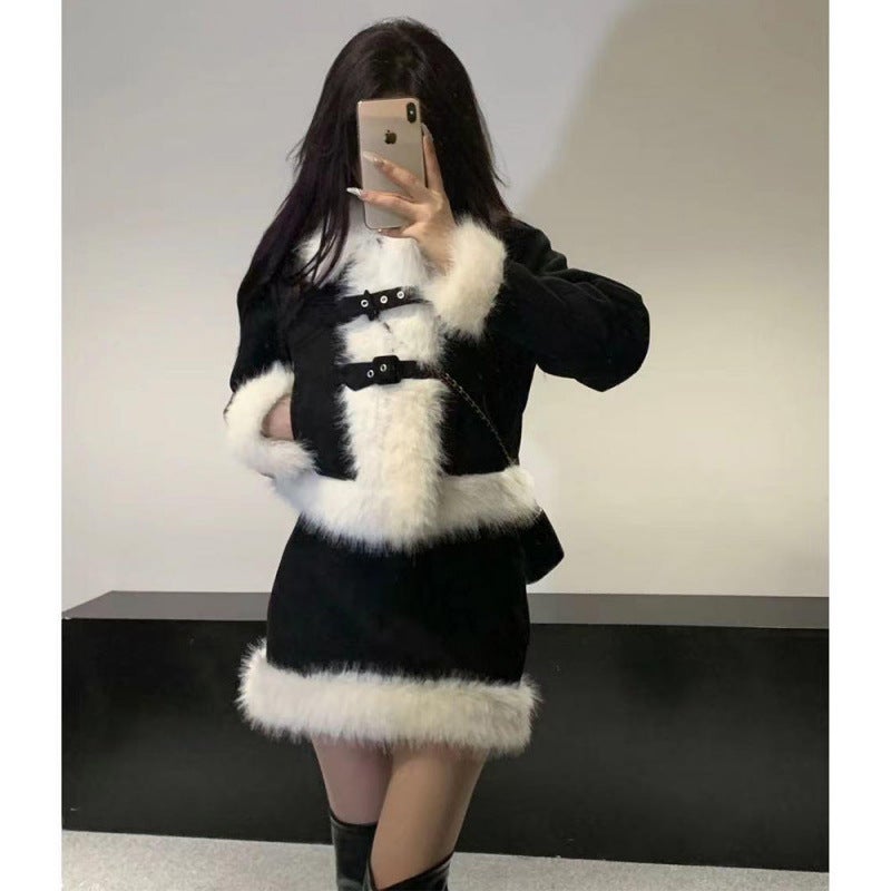Snow Princess Korean Style Small Fragrant Style Design Sense Gold Style Wool Collar Black Coat Half-length Dress Two-piece Suit Short skirt