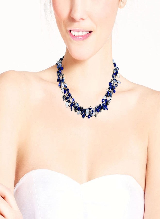 ايرافيدا قلادة إيرافيدا متعددة الخيوط بألوان زاهية وطبقات من حجر اللازورد الأزرق الصناعي وحجر القمر | مجوهرات جريئة بأسلوب بوهو للنساء - Image 4