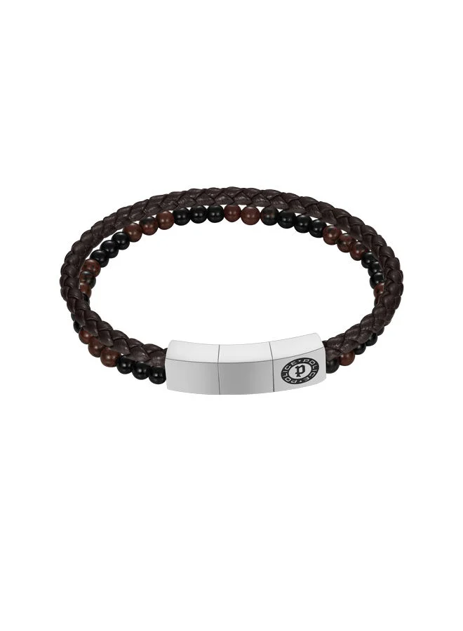 POLICE Dual Silver Stainless Steel with Brown Leather and Onyx Black Brown Beads Bracelet for Men 180mm