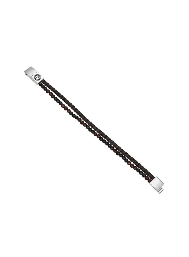 POLICE Dual Silver Stainless Steel with Brown Leather and Onyx Black Brown Beads Bracelet for Men 180mm