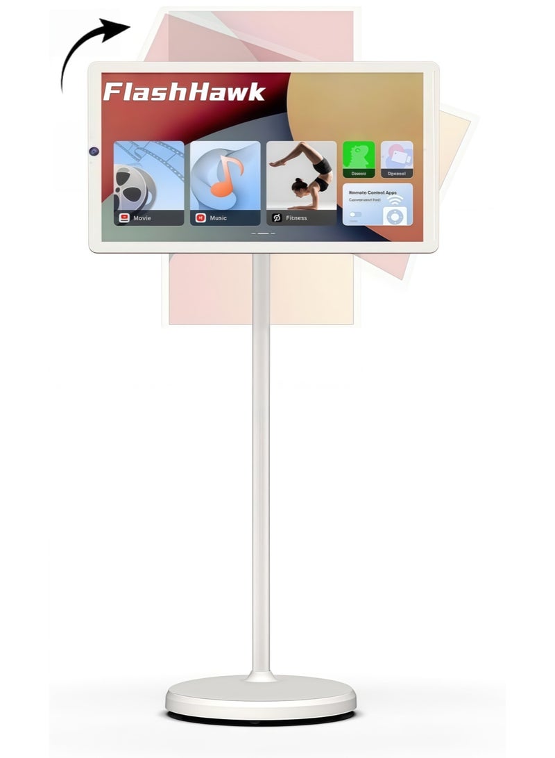 FlashHawk 21.5 Inch Portable Monitor TV - Adjustable Mobile Floor Touch Screen Smart TV | 78000aMh Battery 8H Video Play Time, Remote Control | 4G RAM+64G Storage, White - Image 1