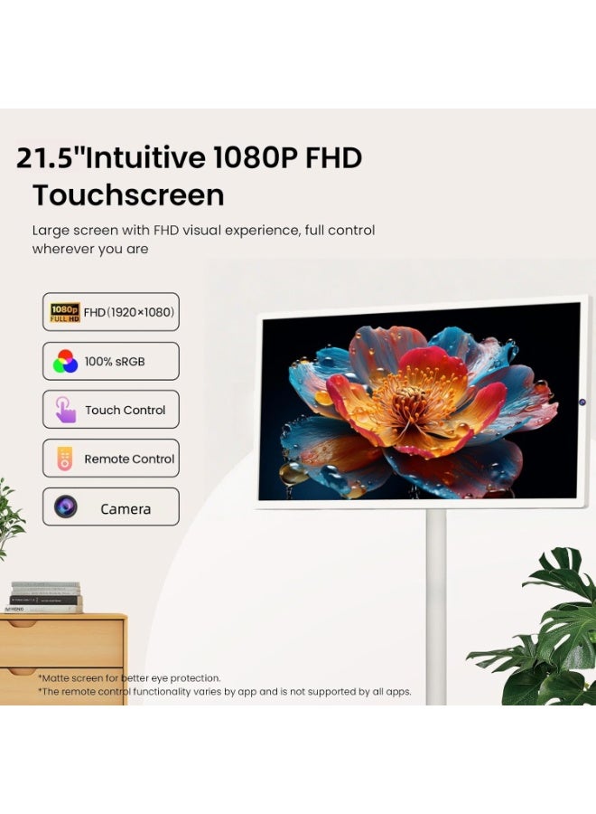 FlashHawk 21.5 Inch Portable Monitor TV - Adjustable Mobile Floor Touch Screen Smart TV | 78000aMh Battery 8H Video Play Time, Remote Control | 4G RAM+64G Storage, White - Image 2