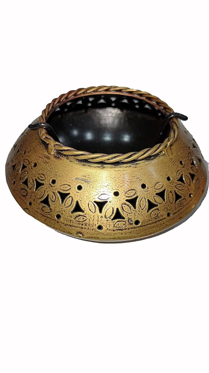 Gunendra Crafts Home Decor Tealight HolderPerforated Degchi Style Candle StandAntique Finished Dhoop IncenseTealight Holder Degchi Pot Black Golden Chrome Polished 12x12x6 Cm - Image 2