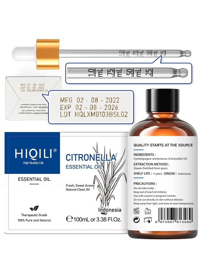 HIQILI - Citronella Essential Oil,100% Pure Undiluted Premium Therapeutic Grade,for Diffuser,Candles Making Outdoor Mosquitoes Spray - 3.38 Fl Oz. - Image 1