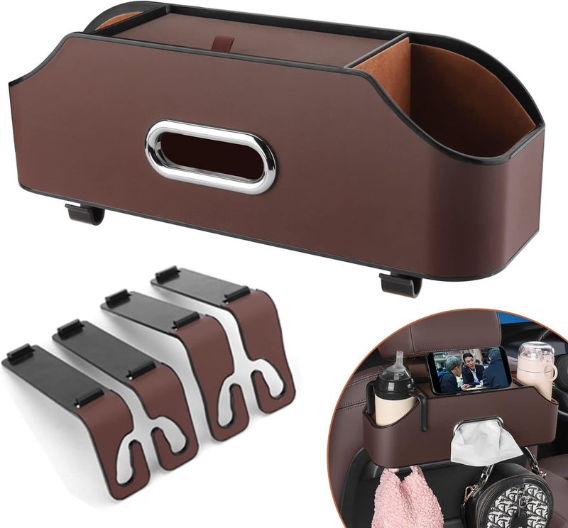 HALOYIVGO Car Seat Back Organizer - Stylish & Functional Storage for Family Adventures - Cup Holders, Tissue Box & Hooks - Perfect for Kids, Road Trips & Travel (Brown) - Image 1