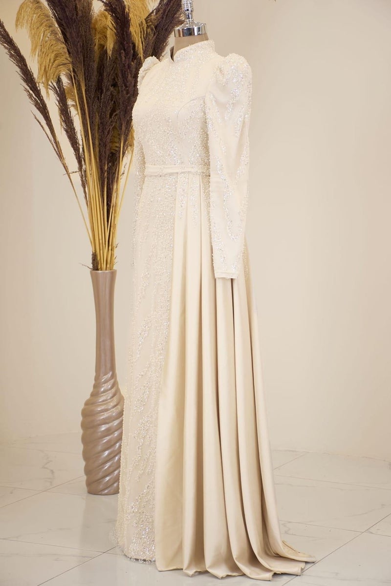 Esilanur Skirt Pendulum Beaded Embroidered Satin Seçil Hijab Evening Dress Beige  - Image 4