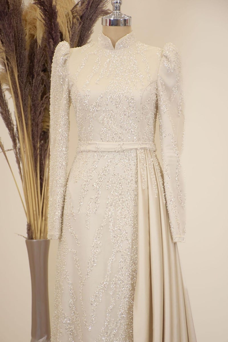 Esilanur Skirt Pendulum Beaded Embroidered Satin Seçil Hijab Evening Dress Beige  - Image 2