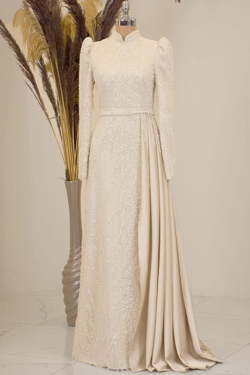 Esilanur Skirt Pendulum Beaded Embroidered Satin Seçil Hijab Evening Dress Beige  - Image 1