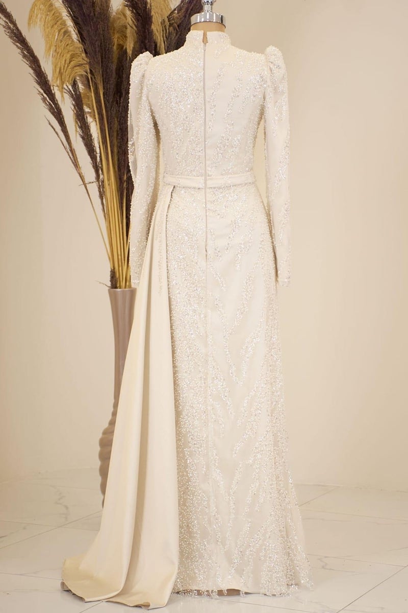 Esilanur Skirt Pendulum Beaded Embroidered Satin Seçil Hijab Evening Dress Beige  - Image 3