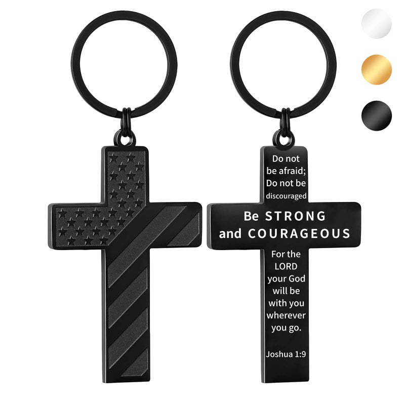 DuoDiner Cross Keychains for Men Bible Verse American Flag Mens Keychain,Mens Accessories Gift (Joshua 1:9, Black) - Image 1