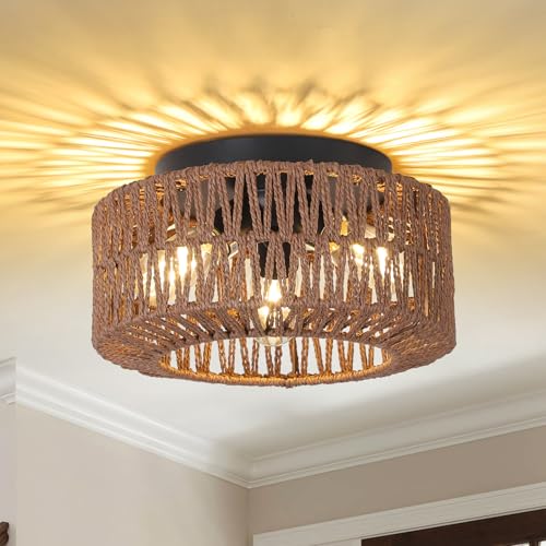 PAUFUL Boho Light Fixture，3-Light Farmhouse Rattan Light Fixtures Ceiling Mount，Flush Mount Ceiling Light with Hand-Woven Shade，Modern Chandelier for Living Bedroom Entryway Kitchen Nursery - Image 1